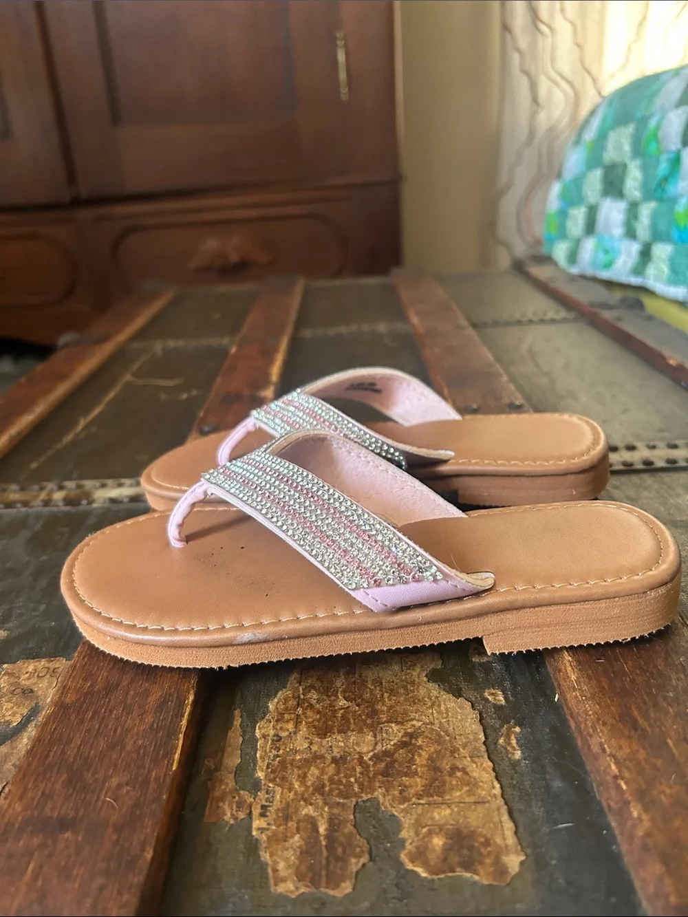 Embellished Pink Strap Brown Footbed Flip Flops